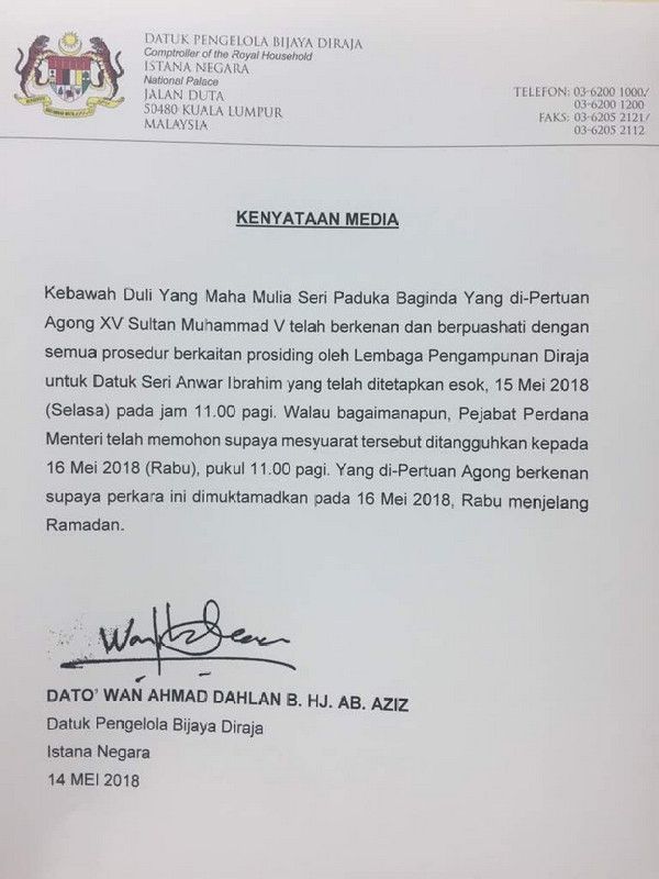 Pengampunan Anwar Ditunda Atas Permintaan Perdana Menteri