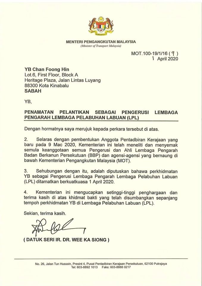 Mp Dap Kk Pengerusi Lpa Terlibat Kes Rasuah Dipecat Oleh Menteri Pengangkutan